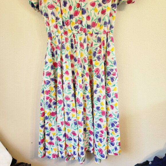 Vtg 70's Fit Flare Midi Shirt Dress Floral Colorful Collar Women M Retrolook - Picture 4 of 14